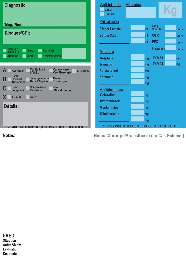 TRIAGE TAG, for patient, French, A4, recto/verso