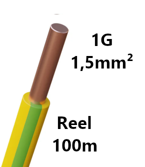 WIRE rigid, copper, 1.5mm², green/yellow, reel of 100m
