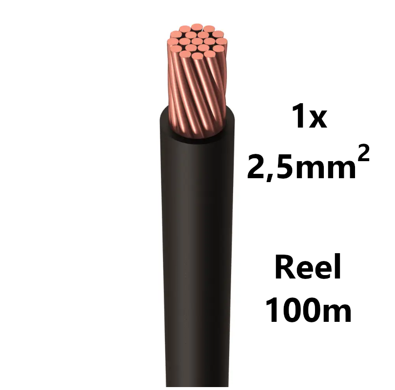 WIRE flexible, tinned copper, 2.5mm², black, reel of 100m