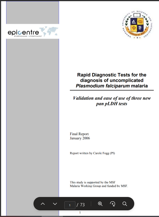 Rapid diagnostic tests for uncomplicated PF malaria.