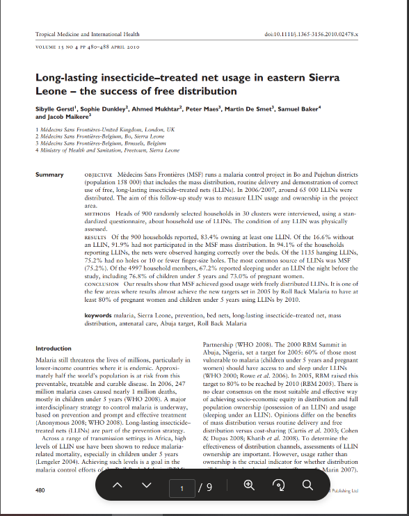 Long-lasting insecticide–treated net usage in Sierra Leone