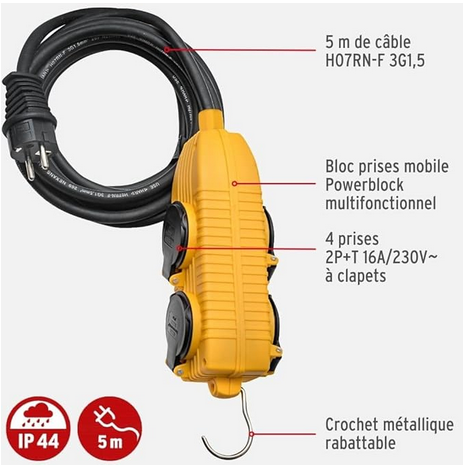 RALLONGE MULTIPRISE, 3G 2,5²/5m,4x2P+T/16A,IP44,type E+F/EUR
