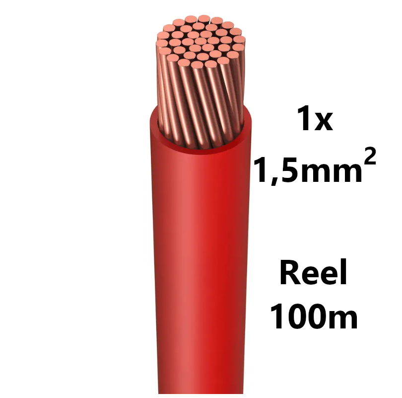 WIRE flexible, tinned copper, 1.5mm², red, reel of 100m