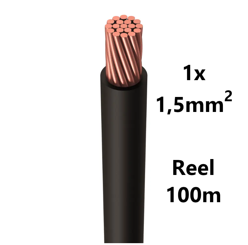 FIL DE CABLAGE souple, étamé, 1,5mm², noir, bobine 100m