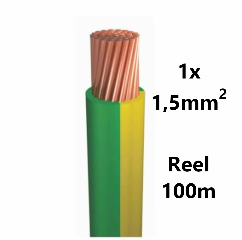 WIRE flexible, tinned copper, 1.5mm², green/yellow,reel 100m